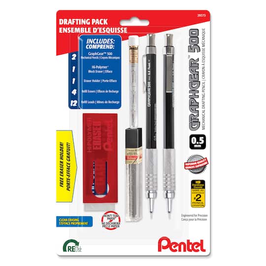Pentel GraphGear™ 500 0.5mm Black Barrel Automatic Drafting Pencils with Lead & Small Block Eraser, 2ct.